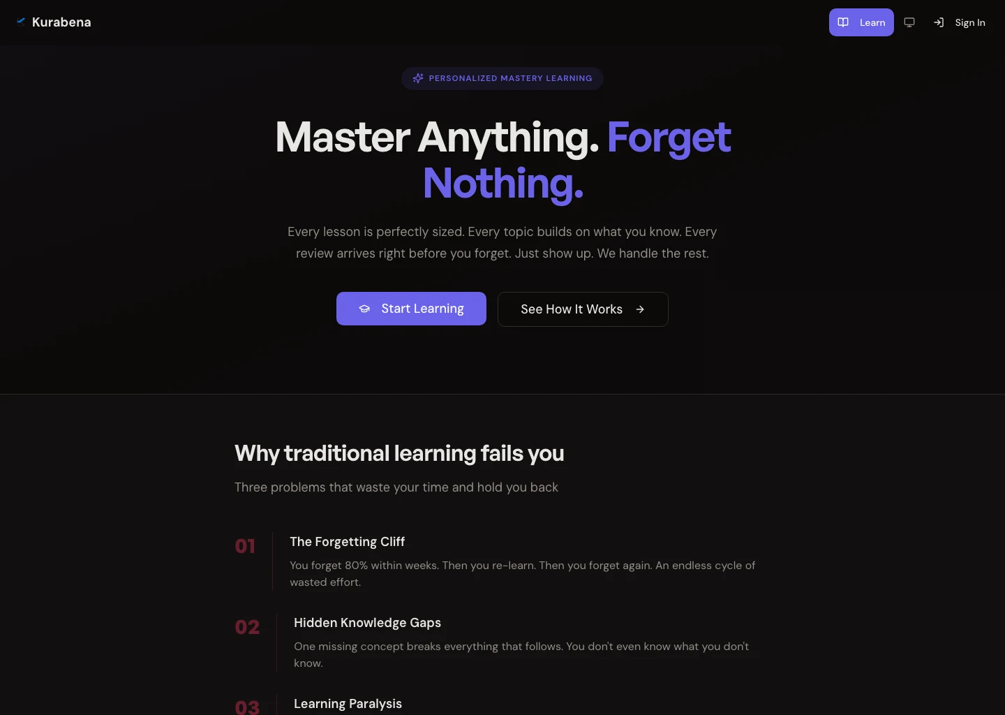 The Kurabena learning platform homepage