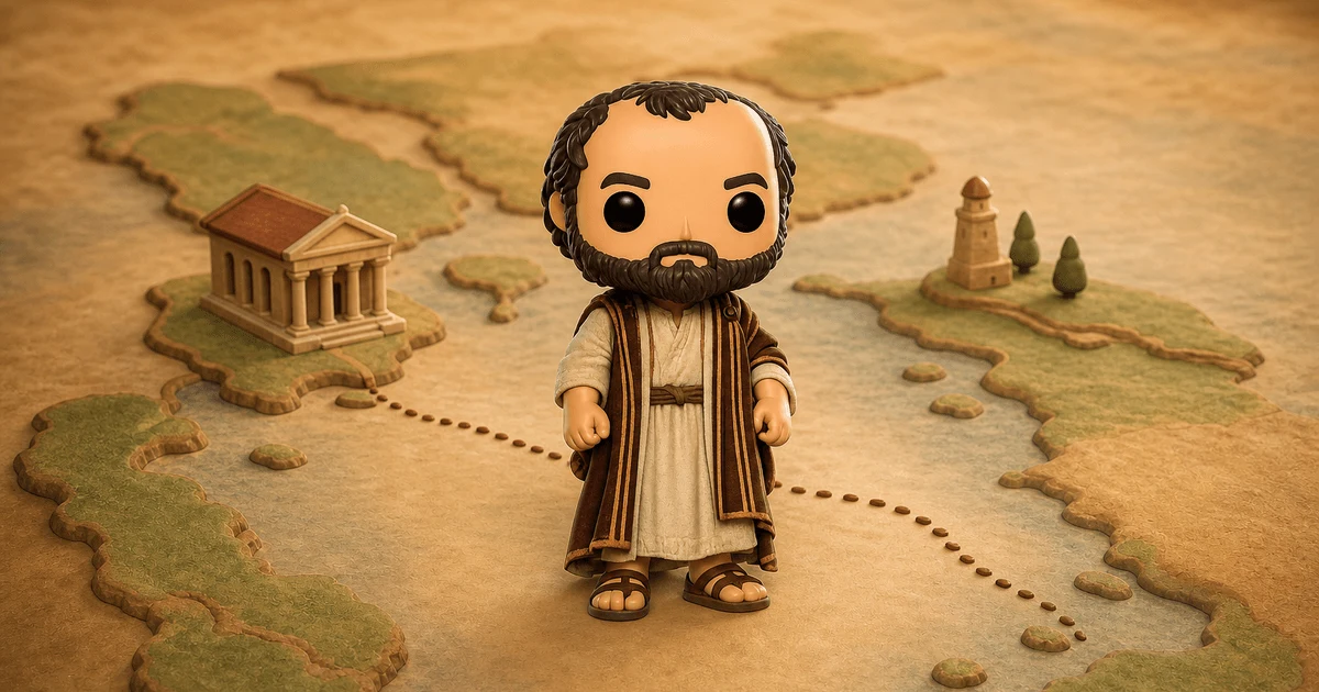 A handcrafted figure of Paul standing on a map of his journeys