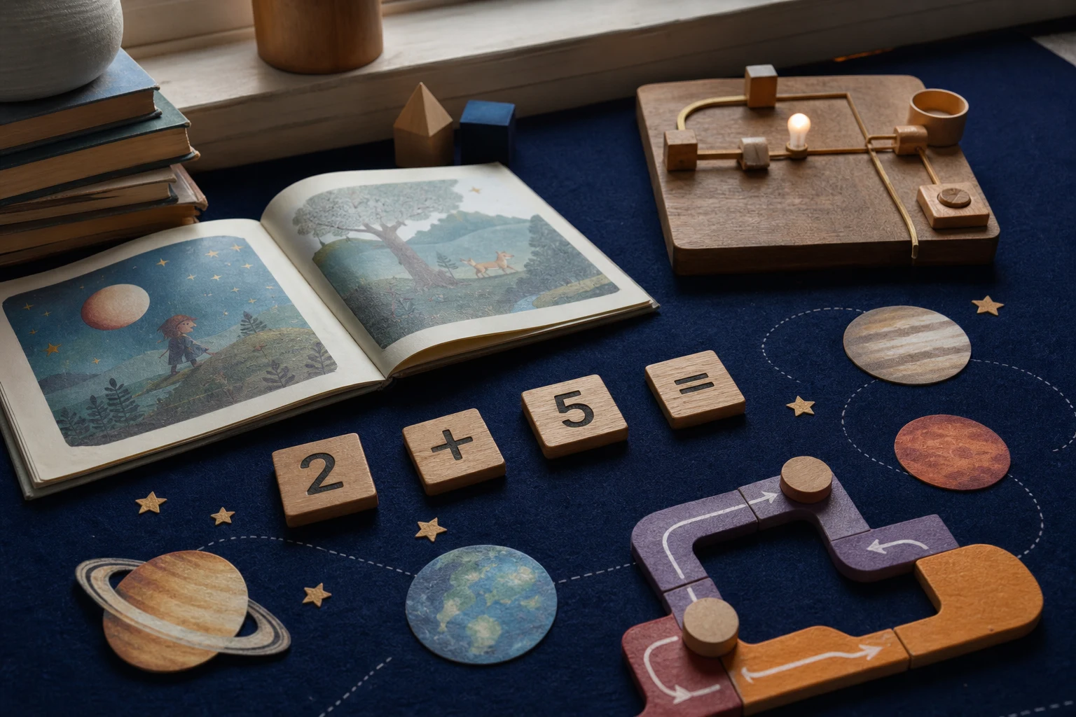 Books, number tiles, planets, and learning materials arranged on a table